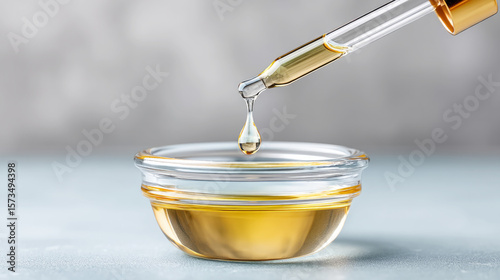 Minimalist oil flatlay with transparent pipette over glass bowl for skincare and beauty concepts