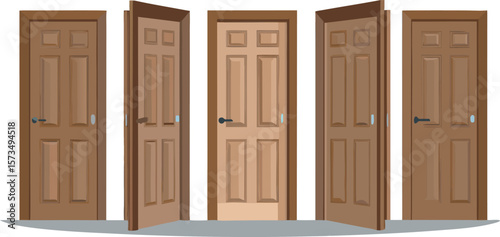 Four Brown Wooden Doors: Open, Closed, and Ajar; Choice, Opportunity, Decision Concept; Flat Style Illustration on a white or transparent PNG background