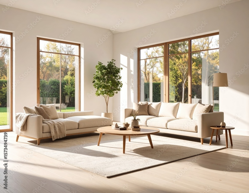 Fototapeta premium Modern living room with large windows