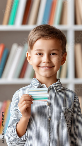 Smiling child holding colorful library card in library setting for education and literacy promotion