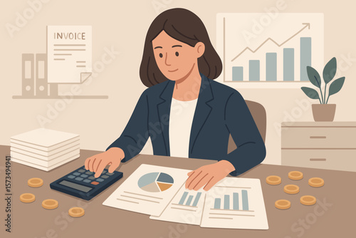 Accountant calculating tax and finances. Businesswoman managing budget, invoice and accounting documents. Financial report with data chart and graph. Balance audit concept.