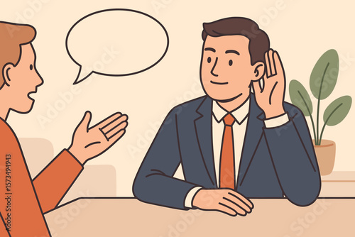 Active listening communication skill for job effectiveness. Businessman carefully listens to conversation. Understand, engage, empathize. Consultation, feedback, interview concept.