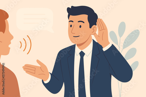 Active listening for job effectiveness. Communication skill to process information. Aware businessman engage in discussion or conversation. Empathy and understanding concept.
