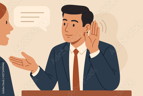 Active listening as a communication skill for job effectiveness. Businessman attentively engaging in discussion. Empathy, awareness, and focus in conversation. Soft skills concept.