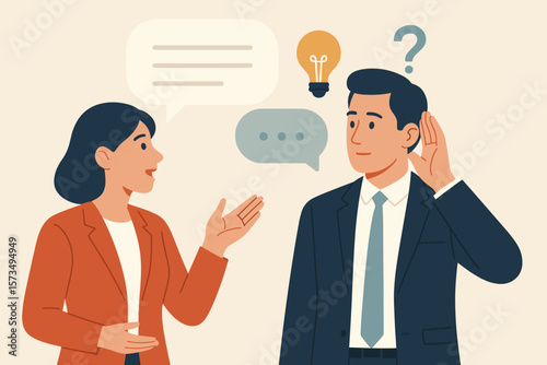 Active listening concept. Communication skill. Man listens to woman. Empathy and understanding. Job effectiveness. Business conversation. Process information. Idea and question.
