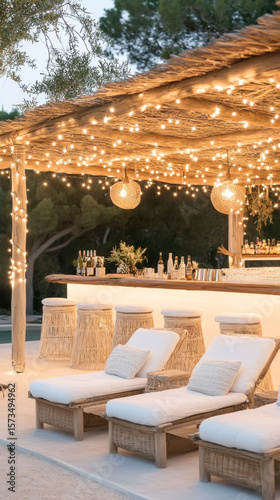 Bohemian inspired outdoor patio bar with ambient string lights for relaxation and entertaining