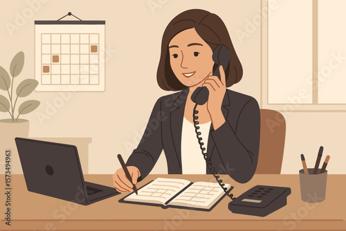 Administrator assistant occupation. Secretary or receptionist at work. Answering telephone, scheduling on calendar. Businesswoman coordinating. Professional multitasking concept.