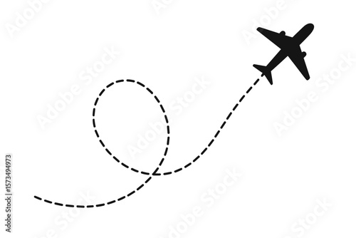Airplane flight path with dotted line route. Airline journey track with a dashed trace. Travel and tourism concept. Aircraft destination icon. Transport logistics symbol.