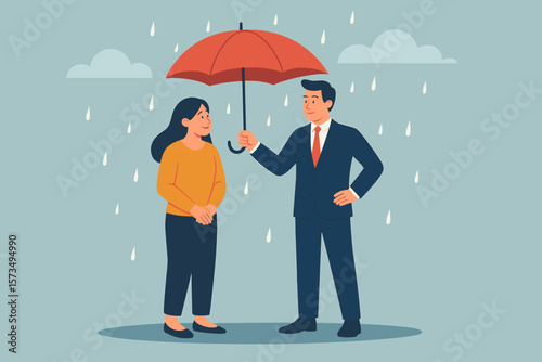 Altruism selfless principle for leadership. Protect team for success together. Gentleman team support and caring. Respect and empathy concept. Kindness businessman vector.