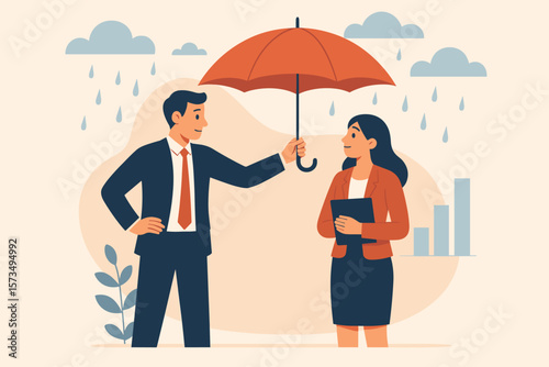 Altruism and selfless leadership concept. Businessman with umbrella protecting team member for success together. Team support, caring, respect, and empathy in business.