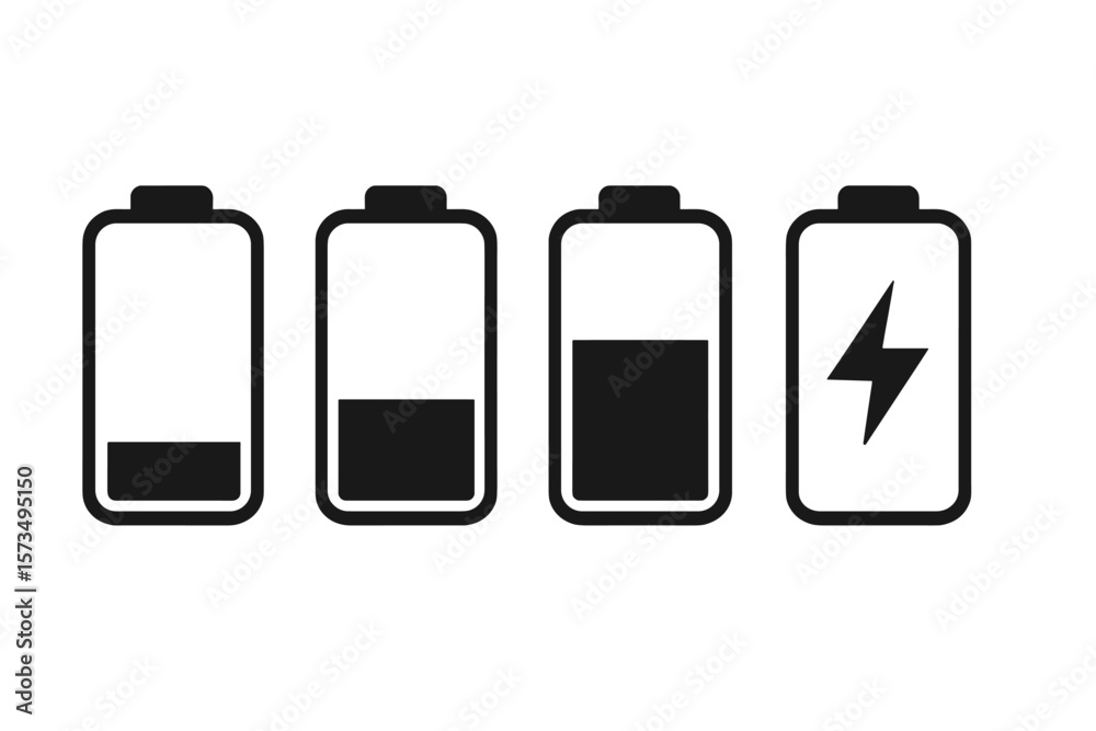Battery charge level indicator icon set. Low, medium, and full power status symbols. Includes charging battery icon for mobile app, UI, and UX design. Vector energy symbol. Battery charge level indicator icon set. Low, medium, and full power status symbols. Includes charging battery icon for mobile app, UI, and UX design. Vector energy symbol.