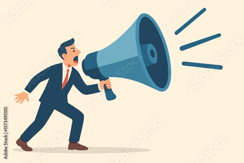 Businessman with a megaphone shouting for an important announcement. Advertising, marketing, or protest concept. Man with a bullhorn making his voice heard loud and clear.