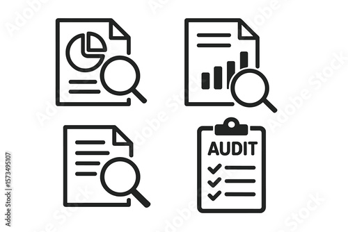 Audit icon set. Search and analysis of documents symbol. Financial report and data inspection. Business compliance checklist vector illustration. Magnifying glass and chart icon.
