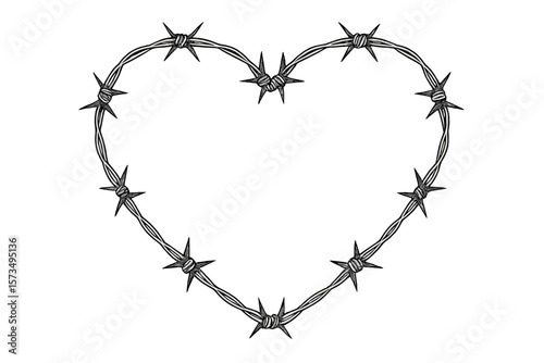 Barbed Wire Heart Shape Frame. Love and Danger Concept. Spiked Metal Border. Symbol of Protection, Forbidden Love, Heartbreak, Emotional Pain, Edgy Romance, Tattoo Style, Isolated Vector