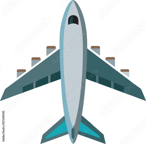 Overhead View: Modern Airplane, Flat Design, Travel Concept Illustration on a transparent PNG background