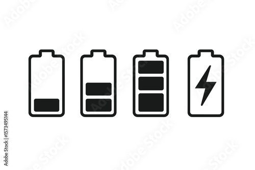 Battery charge level indicator icon set. Low, medium, full and empty power status symbol. Mobile phone interface sign. Vector energy charging element for UI UX app design.