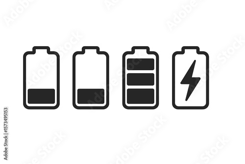 Battery charge level status indicator icon set. Vector illustration of power energy symbol from low to full. Mobile app UI element with lightning charging sign. Isolated.