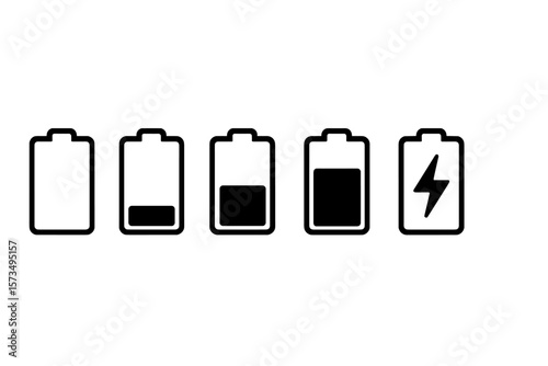 Battery charge level icon set. Smartphone power status indicator collection. Mobile UI element with empty, low, medium, full, and charging energy symbols. Vector illustration.