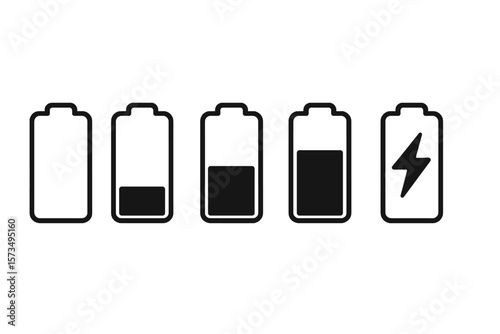 Battery level indicator icon set. Charge status sign collection with empty, low, medium, full and charging symbol. Power level accumulator for app and mobile UI design vector.