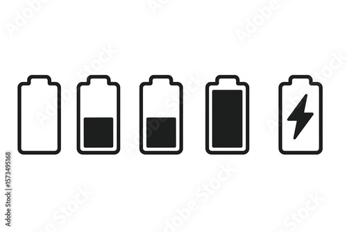 Battery level icon set. Charge status sign collection with empty, low, medium, full, and charging symbol. Battery level indicator for mobile app and UI UX design element.