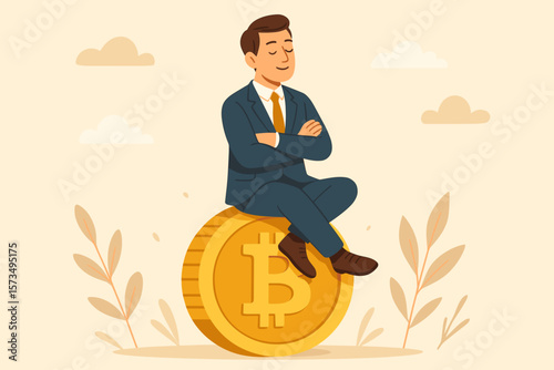 Bitcoin hodl concept with a calm businessman on a giant coin. Long-term cryptocurrency investment strategy. Believer in the future and independence of virtual digital money.
