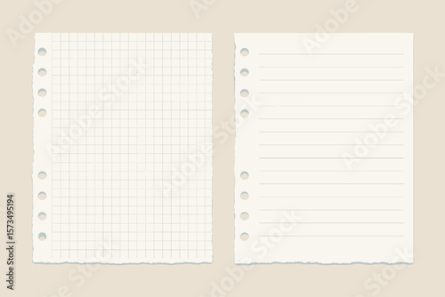 Torn notebook paper. Blank page set. Lined and squared graph paper sheets. Vector paper texture background. School supplies. Education concept. Office stationery. Note memo.