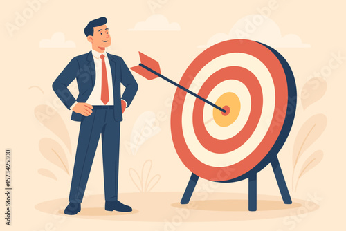 Confident businessman hits the target. Business objective, purpose, and goal achievement concept. Metaphor for success, resolution, aspiration, and motivation in work.