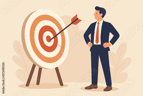 Business objective and target goal achievement concept. Confident businessman celebrating success after hitting the bullseye. Metaphor for strategy, purpose, and motivation.