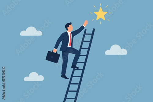 Business opportunity, ladder of success concept. Ambitious businessman with briefcase climbing ladder to the top. Aspiration, motivation to achieve business goal and success.
