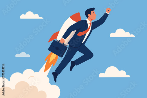 Business takeoff for success and career growth. Ambitious businessman with rocket booster flying up. Leadership, innovation, advantage concept. Start new job or boost speed.