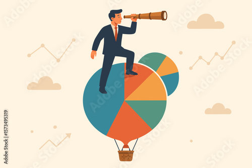 Business forecast metaphor. Businessman with telescope on pie chart hot air balloon. Financial prediction, investment vision, market research, asset allocation, growth strategy.