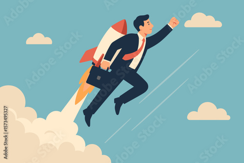 Business takeoff, new job, or boost growing speed to success. Ambition, leadership, innovation for advantage concept. Businessman with rocket booster launches fast to the sky.