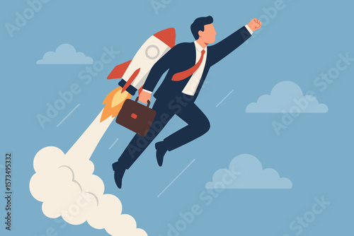 Business takeoff vector concept. Businessman with rocket booster flying to success. Career boost, new job, ambition, leadership, innovation for advantage. Metaphor for growth.