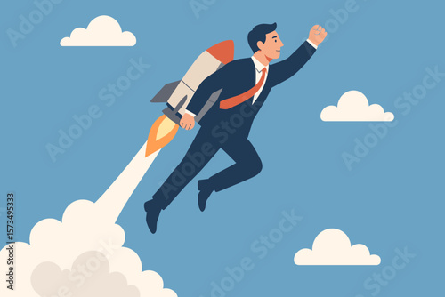 Business takeoff concept. Businessman with rocket booster. Boost growing speed to success. Ambition, leadership, innovation for advantage. New job, startup launch, career fast.