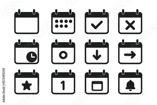 Calendar icon set for app and website UI design. Planner, schedule, and organizer symbols. Event reminder, deadline, and appointment notification vector signs for business.