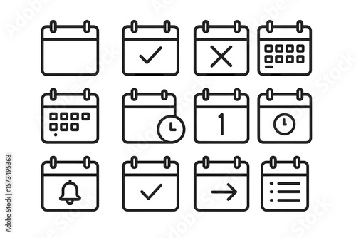 Calendar icon set for app and website UI. Planner, organizer, and event schedule signs. Business plan and deadline reminder symbols. Time management and appointment vector icons.