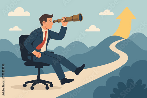 Career future, new job opportunity, and visionary success concept. A businessman with a telescope on a path to growth. Looking forward to business achievement, strategy and leadership.