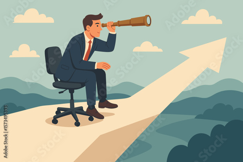 Career future visionary success concept. Businessman on office chair with a telescope looking for new job opportunity. Growth, forward vision, leadership, modern vector art.