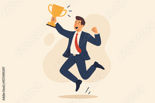 Celebrate Work Achievement and Success with Happy Businessman Holding Winning Trophy, Victory in Business Competition, Prize Award, and Challenge Conquered Concept