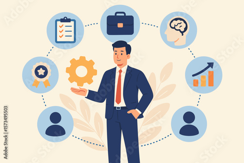 Competence, skills, ability concept. Professional work experience, capability, qualification for job. Man with icons for career development, growth, success. Human resources.