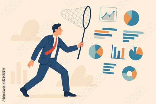 Data collection concept. Businessman with net catching statistics. Information research and analysis. Business intelligence. Big data processing. Data consolidation and cleansing.