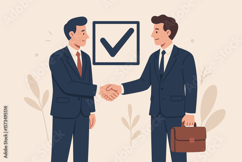 Businessman handshake partnership vector illustration. Concept of commitment, promise, and agreement. Successful deal and trust. Work responsibility and accountability.