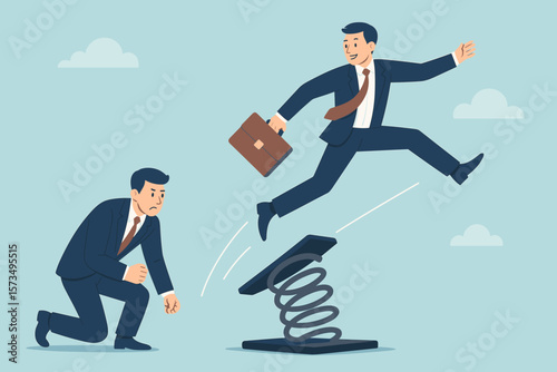 Competitive advantage and innovation to outsmart and overtake rivals. Business winning strategy, a smart way to win. Career growth concept. Businessman jumping over a competitor.