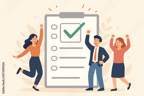Task complete and job done. Teamwork success. Happy business people celebrate goal achievement. Project management and productivity concept. Checklist with green checkmark vector.