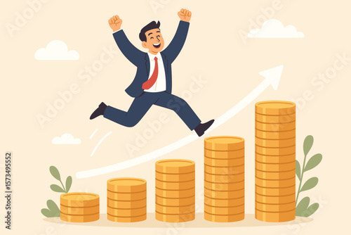 Compound interest money growth concept. Happy businessman investor jumping on stack of coins. Financial success and profitability. Investment portfolio growth and stock earnings.