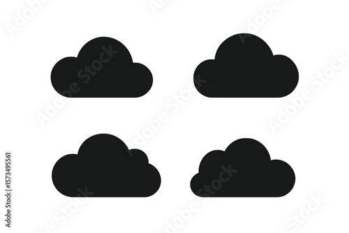 Simple cloud icon set. Flat black silhouette weather symbol collection. Cloud computing data storage network sign. Vector graphic design element for web, app and forecast.