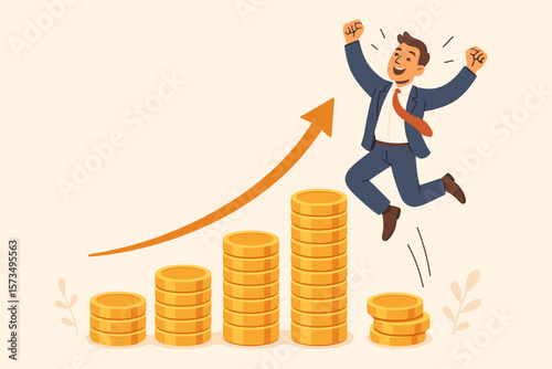 Financial success concept. Happy businessman investor jumping. Money growth investment. Compound interest. Profitability stock market return. Earning and prosperity vector.