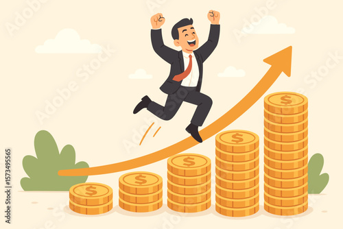 Financial success and investment growth concept. Happy businessman investor jumping on growing stack of coins. Metaphor for compound interest, profit, and prosperity.