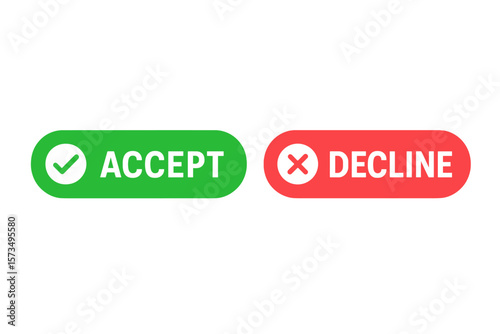 Accept and decline buttons with check mark and cross symbols. Yes and no confirmation vector icons for website or mobile app user interface. Agree and disagree choice.