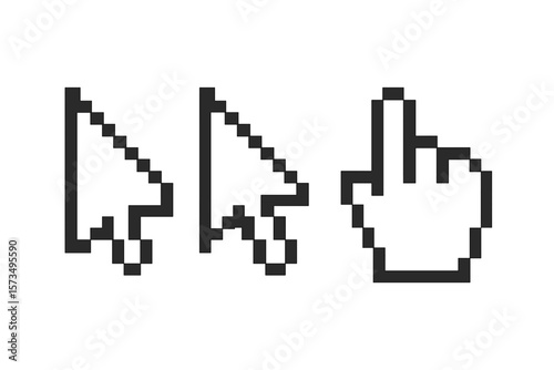 Pixelated mouse cursors icon set. Computer pointer arrow and hand symbol. Retro 8-bit graphic user interface element for web design. Click sign. Vintage technology vector.